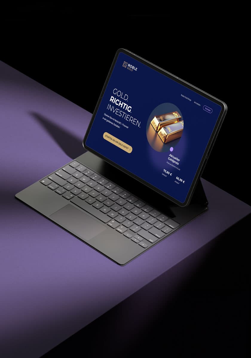 Noble-Gold + Finomet Website auf Ipad mit Tastatur
