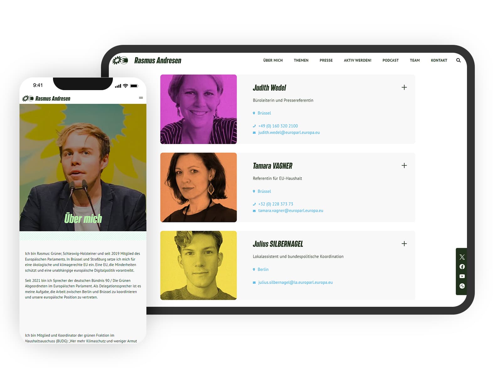 Mockup der Rasmus Webseite. Es zeigt das diverse Team des Politikers.