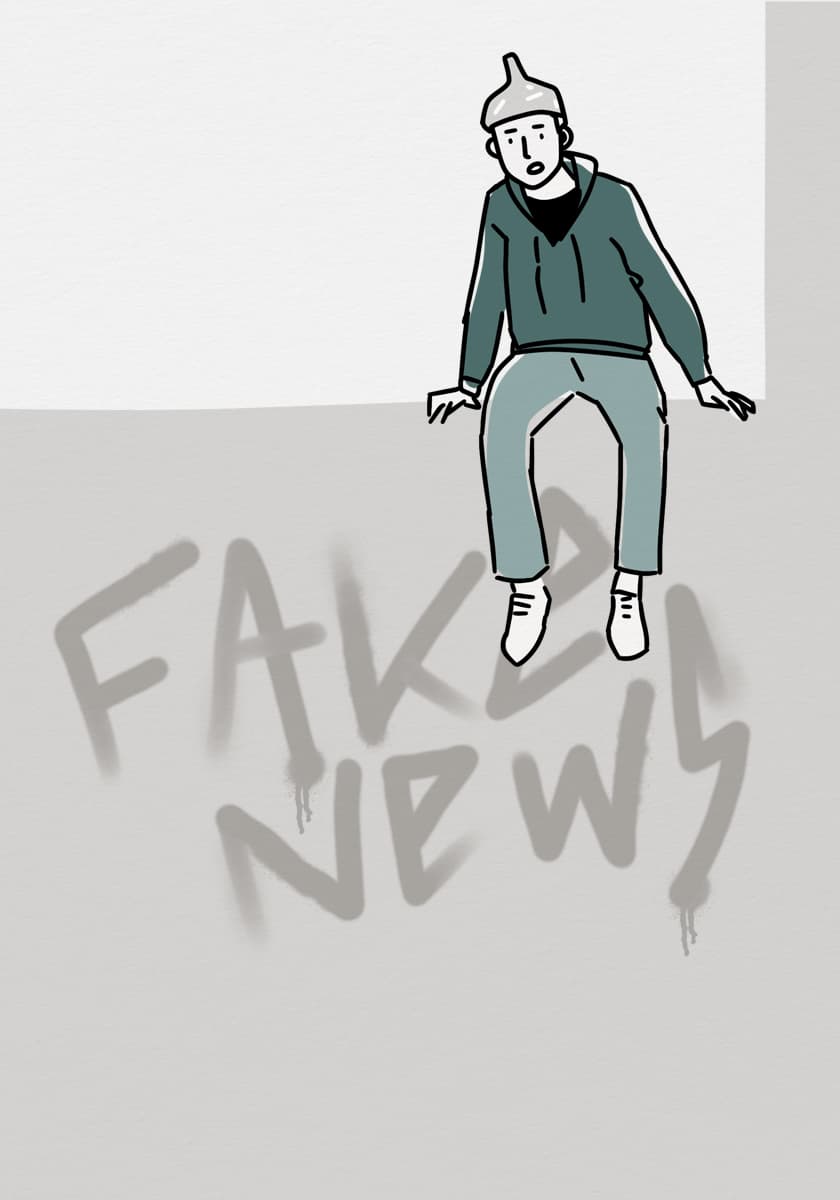 Illustration einer einsamen Personen mit Aluhut, die auf einer mit "fake news" betaggten Mauer sitzt