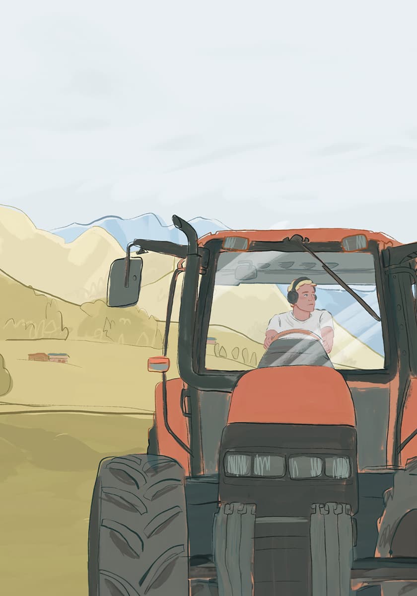 Illustration eines Bauern in seinem Traktor als Still aus einem TV-Beitrag der Sendung ZDF aspekte Landwirtschaft