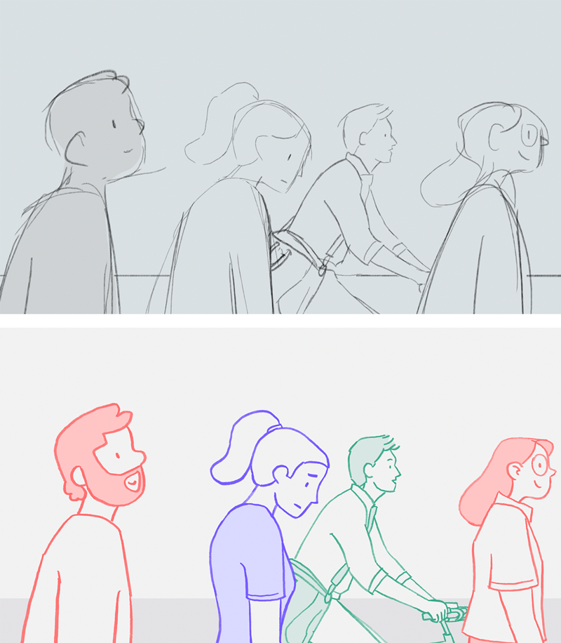 Zwei Grafiken als Gegenüberstellung von Entwurf und fertiger Illustration mit laufenden Menschen im Profil.