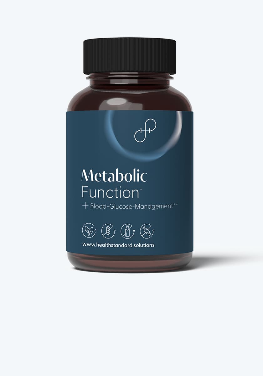 Abbild einer braunen Glasflasche mit Kapseln, das blaue Etikett zeigt das Signet von Health Standard Solutions und das Produkt Metabolic Function