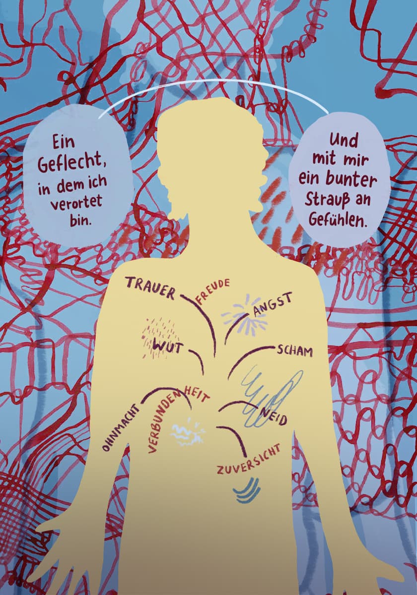 Illustration eines Tisches mit der Silhouette einer Person und Sprechblasen aus dem Buch Klimaangst und Wandelmut von Lena Hällmayer