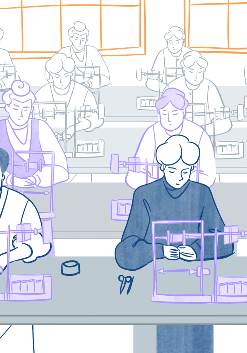 Illustration arbeitender Frauen in einer Fabrik während der Industrialisierung für den TV-Beitrag "Mensch vs. KI"